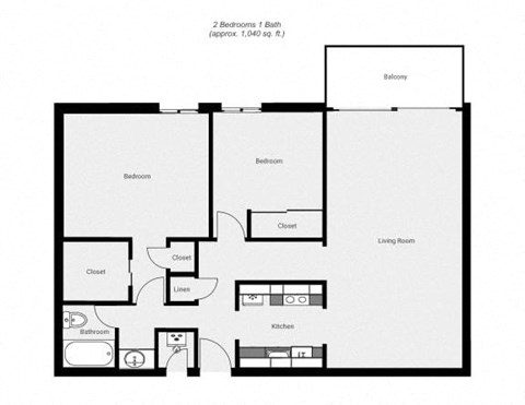 Floor plan for 2 beds, 1 bath, 950 sqft