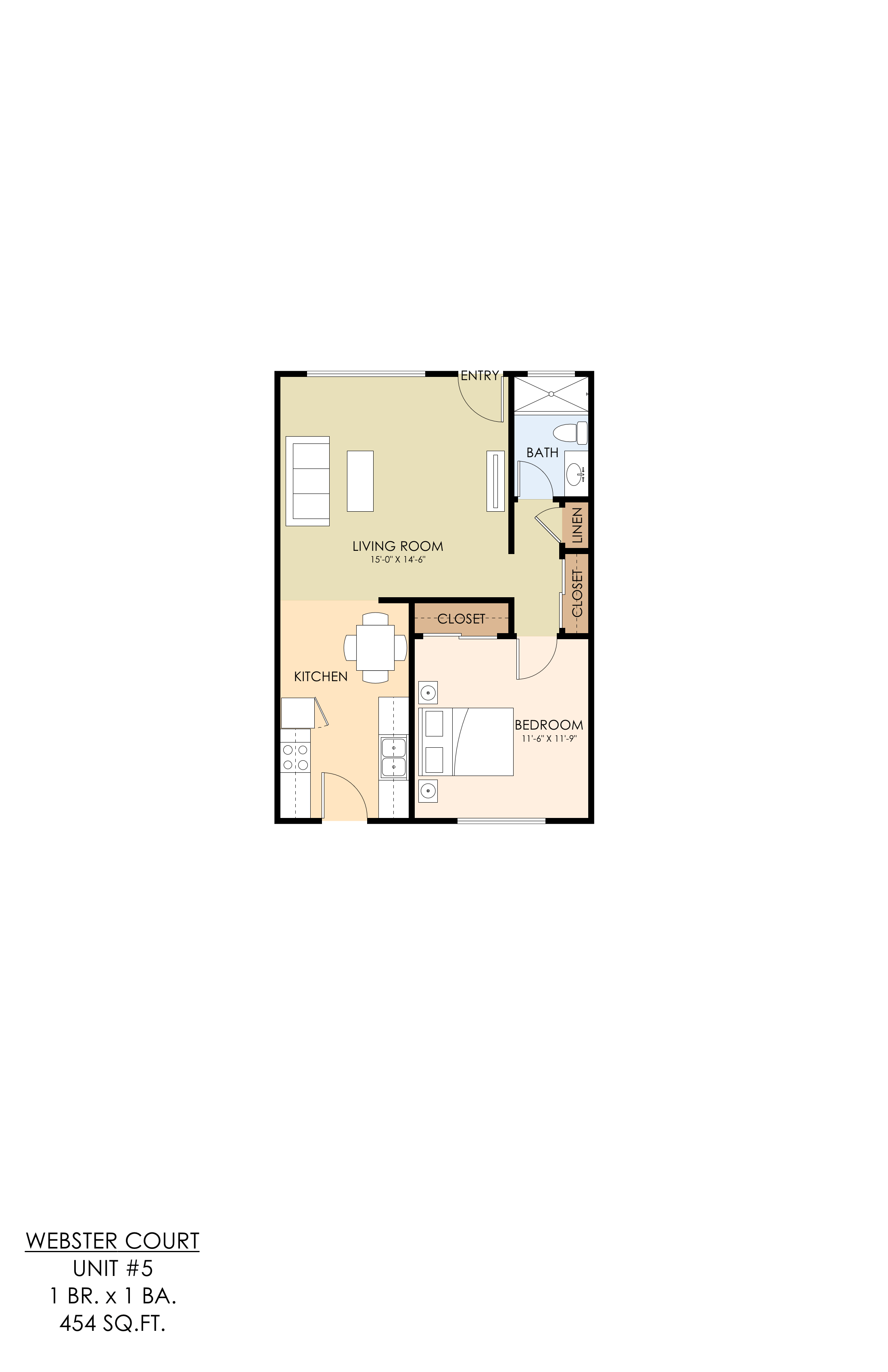 Floor plan for 1 bed, 1 bath, 454 sqft