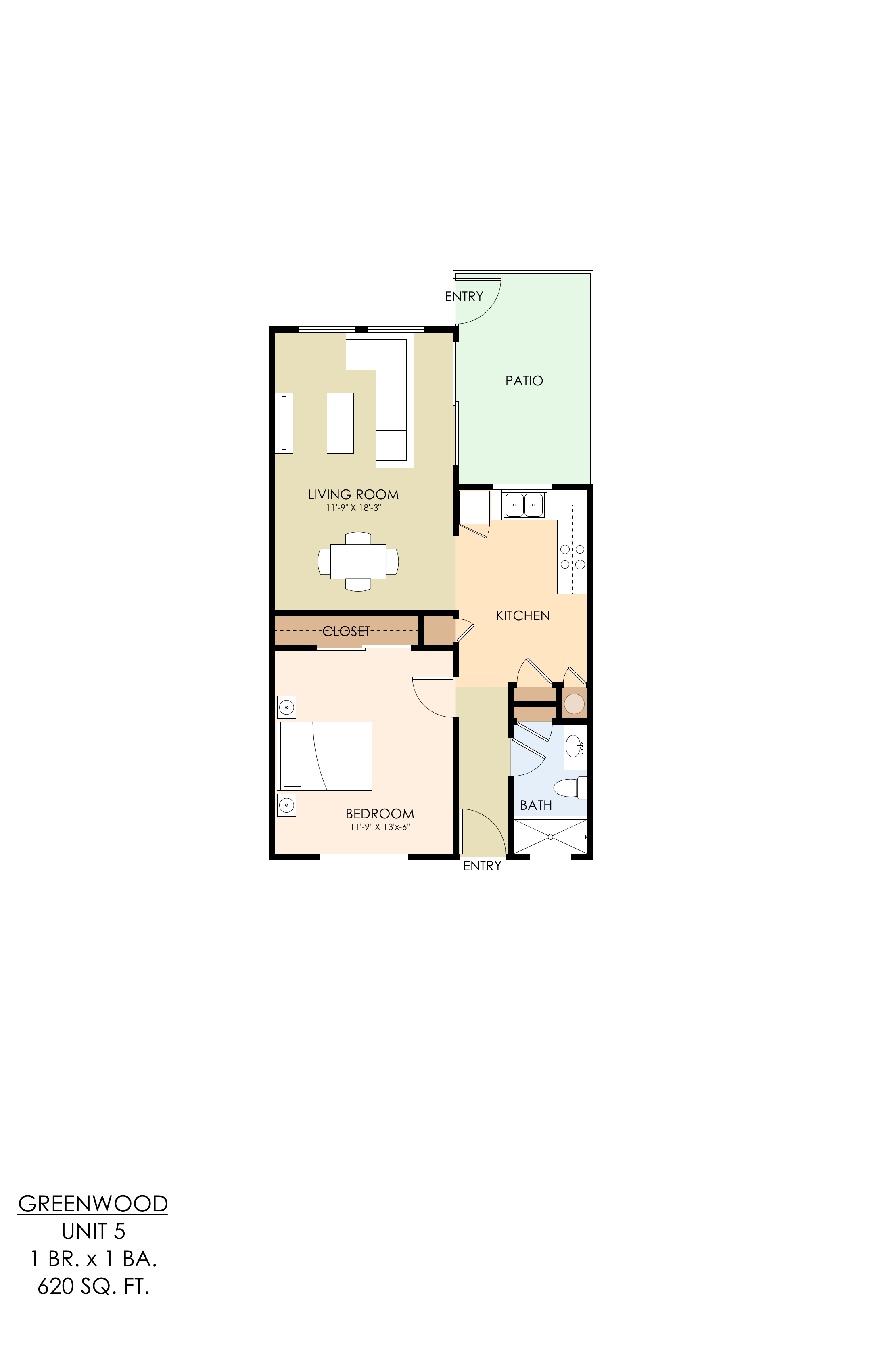 Floor plan for 1 bed, 1 bath, 650 sqft