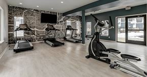 Kansas City apartment for rent - A gym with treadmills, elliptical machines, and a television.