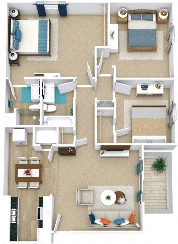 Floor plan for 3 beds, 2 baths, 1250 sqft
