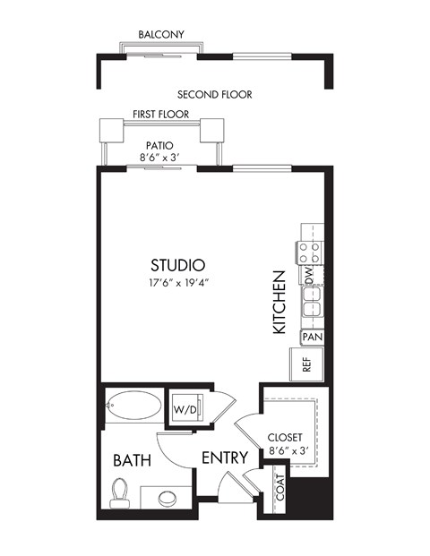 Floor plan for studio, 1 bath, 581 sqft