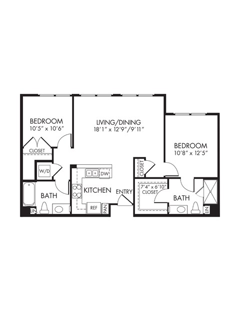 Floor plan for 2 beds, 2 baths, 1157 sqft