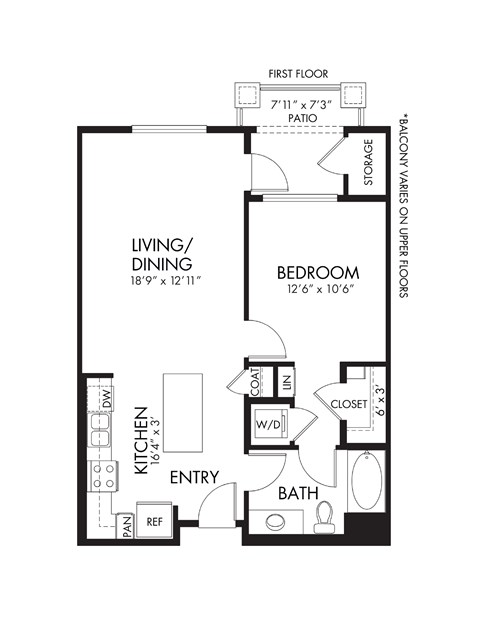 Floor plan for 1 bed, 1 bath, 761 sqft