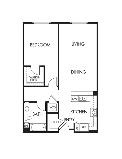 Floor plan for 1 bed, 1 bath, 882 sqft