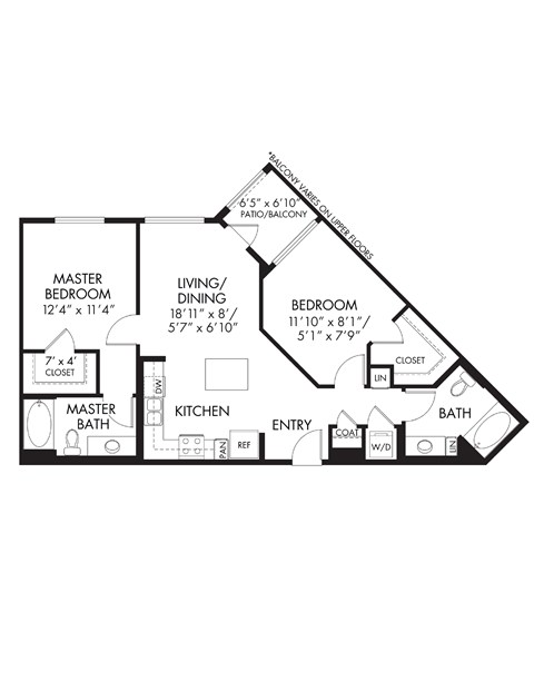 Floor plan for 2 beds, 2 baths, 1007 sqft
