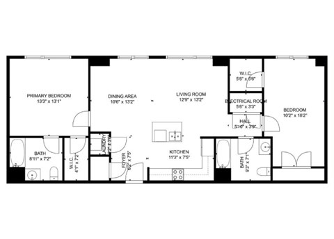 Floor plan for 2 beds, 2 baths, 1440 sqft