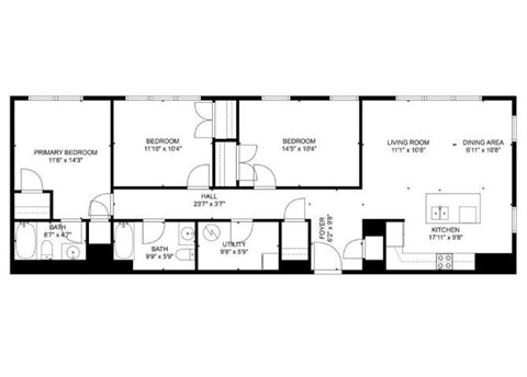 Floor plan for 3 beds, 2 baths, 1393 sqft