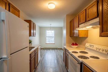Holland apartment for rent - A kitchen with wooden cabinets and a white refrigerator.