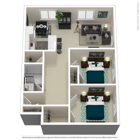 Floor plan for 2 beds, 1 bath, 794 sqft