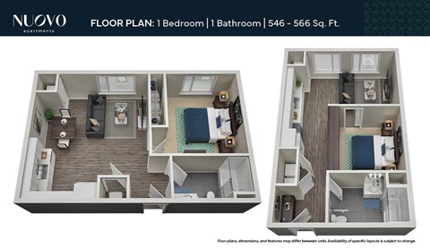 Floor plan for 1 bed, 1 bath, 566 sqft