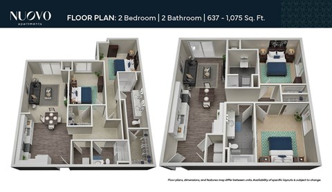 Floor plan for 2 beds, 2 baths, 1075 sqft