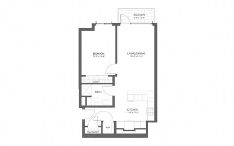 Floor plan for 1 bed, 1 bath, 802 sqft