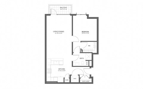 Floor plan for 1 bed, 1 bath, 883 sqft
