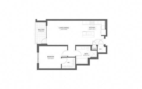 Floor plan for 1 bed, 1 bath, 893 sqft