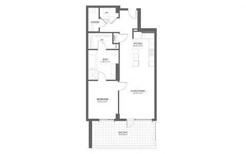 Floor plan for 1 bed, 1.5 baths, 1059 sqft