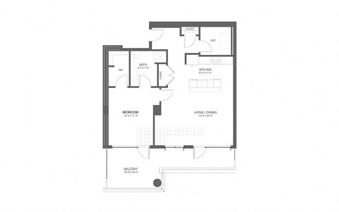 Floor plan for 1 bed, 1 bath, 1085 sqft