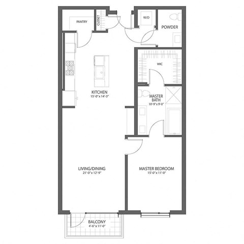 Floor plan for 1 bed, 1 bath, 1074 sqft