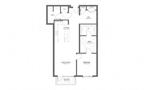 Floor plan for 1 bed, 1 bath, 1136 sqft