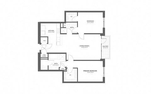 Floor plan for 2 beds, 2.5 baths, 1373 sqft