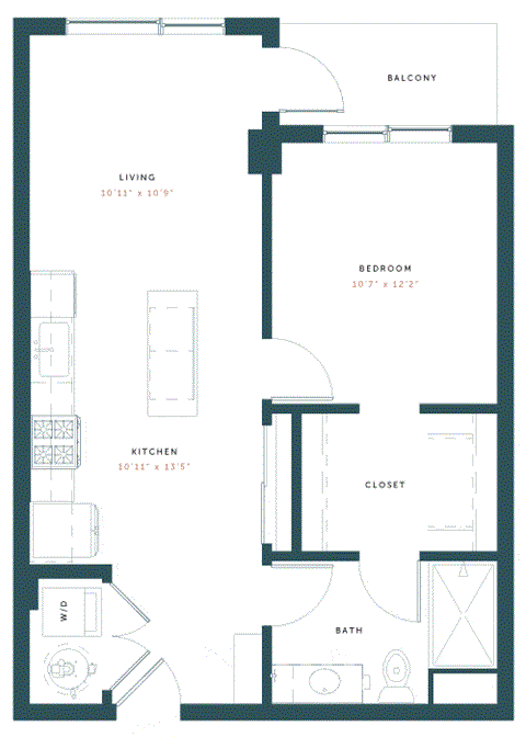 Floor plan for 1 bed, 1 bath, 665 sqft
