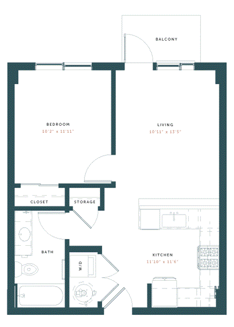 Floor plan for 1 bed, 1 bath, 578 sqft