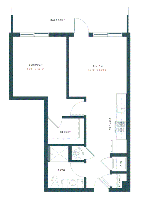 Floor plan for 1 bed, 1 bath, 641 sqft