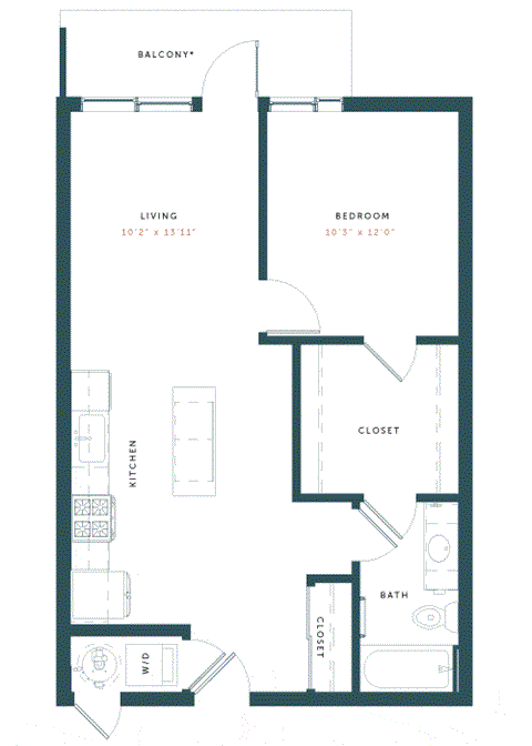 Floor plan for 1 bed, 1 bath, 690 sqft