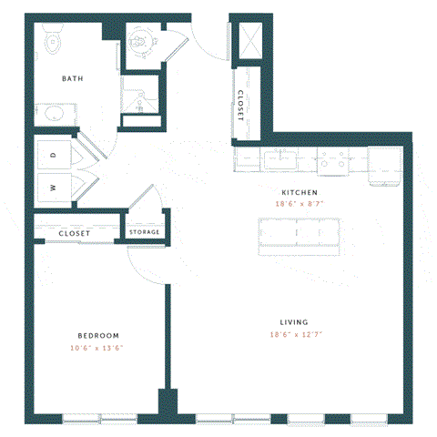 Floor plan for 1 bed, 1 bath, 855 sqft