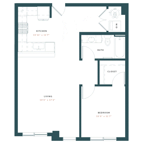 Floor plan for 1 bed, 1 bath, 769 sqft