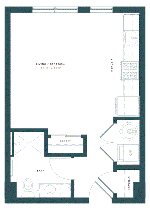 Floor plan for studio, 1 bath, 441 sqft