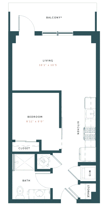 Floor plan for studio, 1 bath, 536 sqft