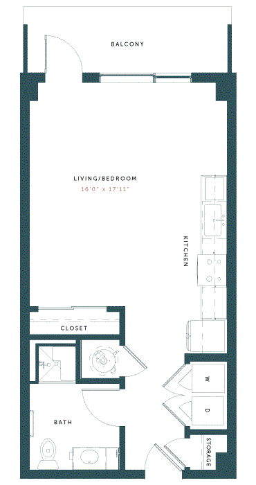 Floor plan for studio, 1 bath, 534 sqft