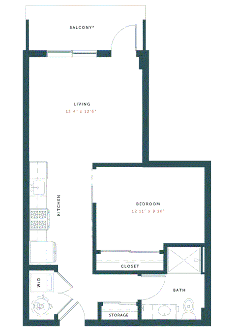 Floor plan for studio, 1 bath, 596 sqft