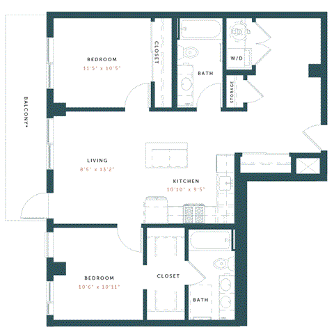 Floor plan for 2 beds, 2 baths, 977 sqft