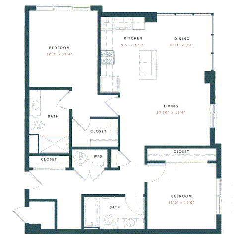 Floor plan for 2 beds, 2 baths, 1124 sqft
