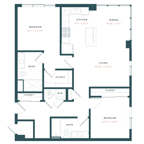 Floor plan for 2 beds, 2 baths, 1108 sqft