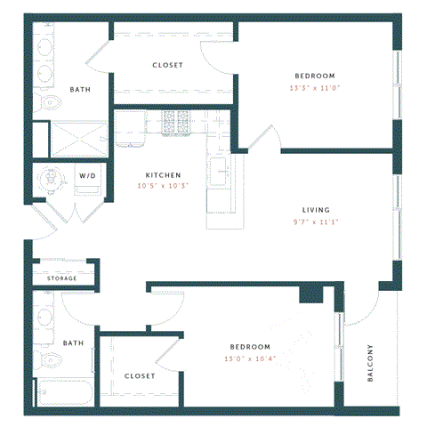Floor plan for 2 beds, 2 baths, 1032 sqft