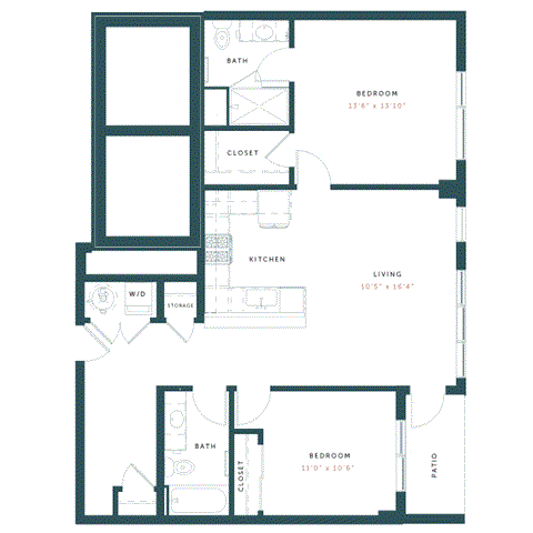 Floor plan for 2 beds, 2 baths, 1095 sqft