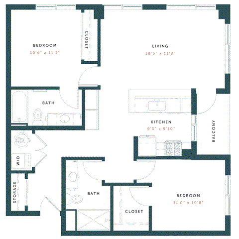 Floor plan for 2 beds, 2 baths, 1039 sqft