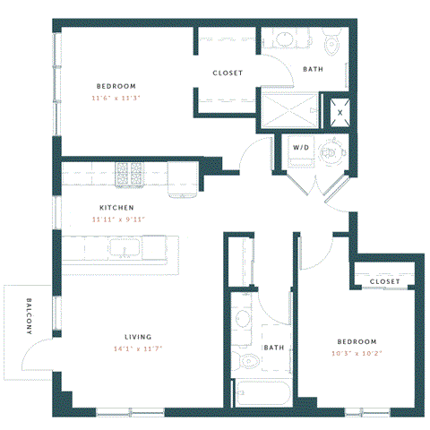 Floor plan for 2 beds, 2 baths, 949 sqft