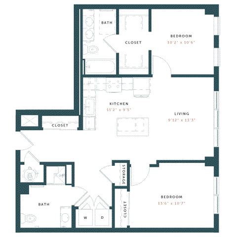 Floor plan for 2 beds, 2 baths, 977 sqft