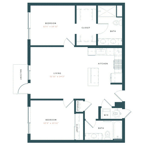 Floor plan for 2 beds, 2 baths, 972 sqft