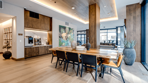 Denver apartment for rent - a dining room with a wooden table and chairs