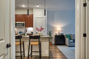 Denver apartment for rent - a kitchen with a breakfast bar and a living room in the background