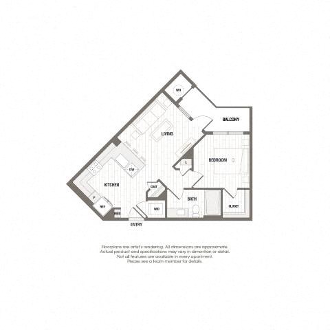 Floor plan for 1 bed, 1 bath, 621 sqft