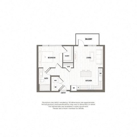 Floor plan for 1 bed, 1 bath, 680 sqft
