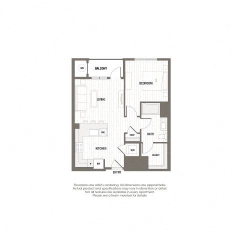 Floor plan for 1 bed, 1 bath, 710 sqft