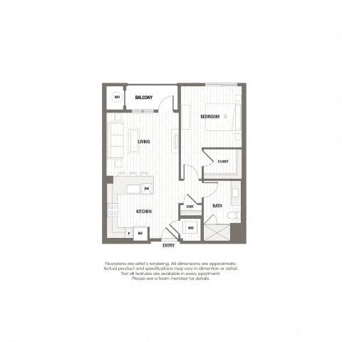 Floor plan for 1 bed, 1 bath, 735 sqft