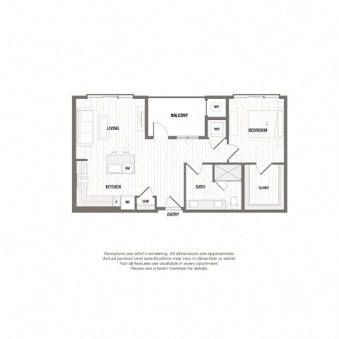 Floor plan for 1 bed, 1 bath, 795 sqft